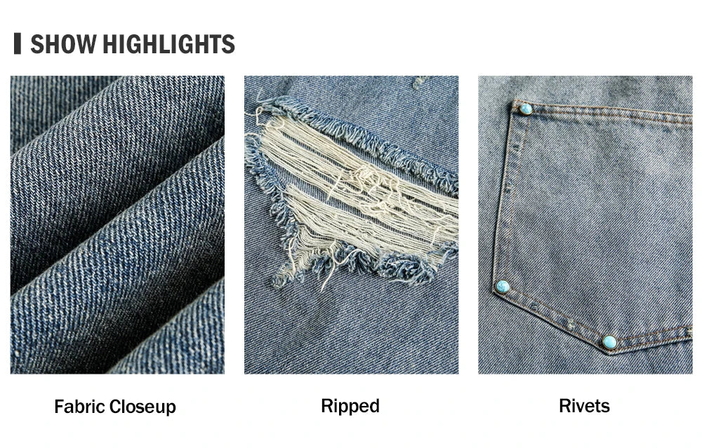 Ripped Jeans Mens With Rivets Pocket Retro High Street Washed Distressed Loose Wide leg Denim Pants Men