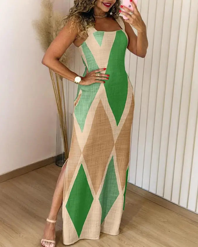 Boho Womens Summer Dress Retro Print Casual Slim Slit Square Neck Sleeveless Strappy Elegant  Tank Dresses For Women Robe