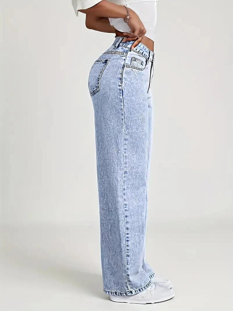 Women's blue jeans high waist straight loose jeans, comfortable and breathable fabric, suitable for casual outings and dates