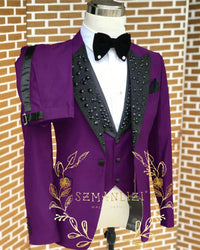 Black Men Suits Luxury Stone Crystal Tuxedos Bespoke Groom Wear 3 Pieces Business Male Prom Blazers Slim Fit Custome Homme