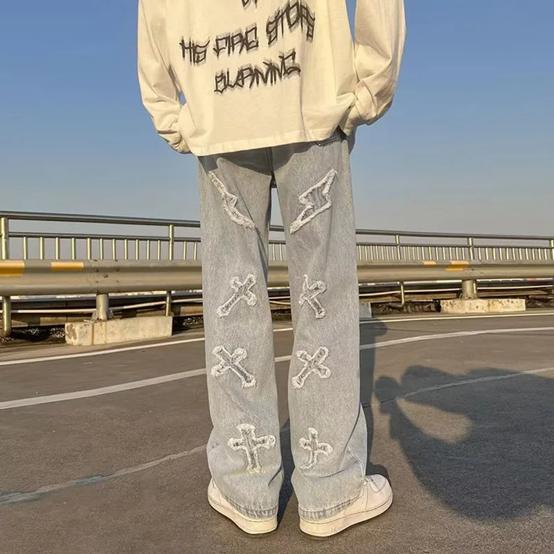 Men Straight Leg Denim Jeans Male New Fashion Casual Loose High Street Y2k Pants New Wide Leg Hip Hop Black Blue Pants