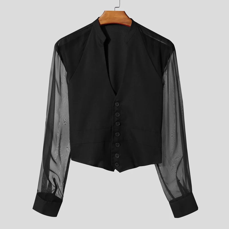INCERUN Men Shirt Mesh Patchwork V Neck Long Sleeve Transparent Sexy Casual Male Shirts Streetwear Fashion Party Camisas 2025