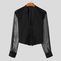 INCERUN Men Shirt Mesh Patchwork V Neck Long Sleeve Transparent Sexy Casual Male Shirts Streetwear Fashion Party Camisas 2025