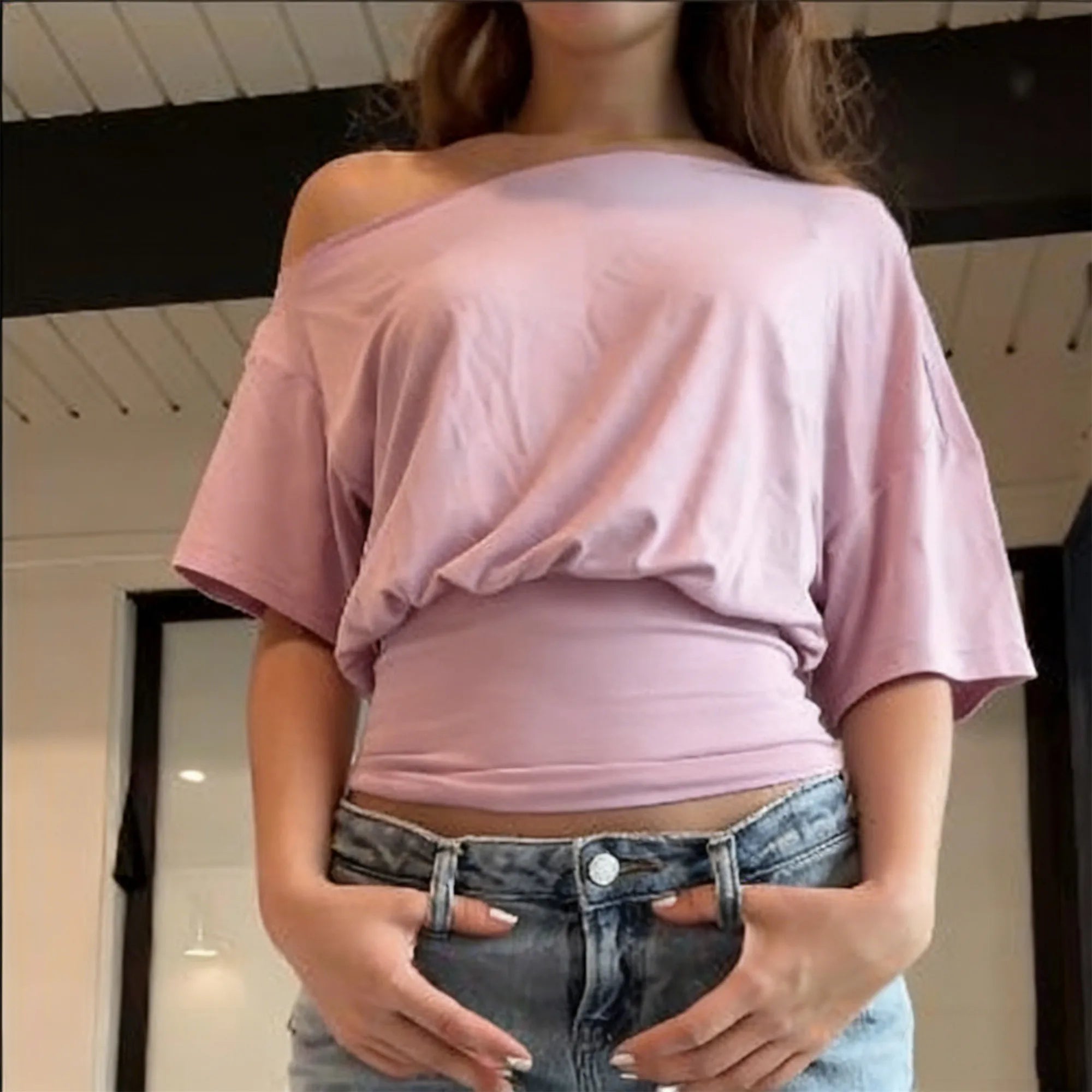 Women's Off Shoulder Short Sleeve Blouse Ruched Waist Fitted Cropped Top Casual Loose Dolman Sleeve Summer Streetwear
