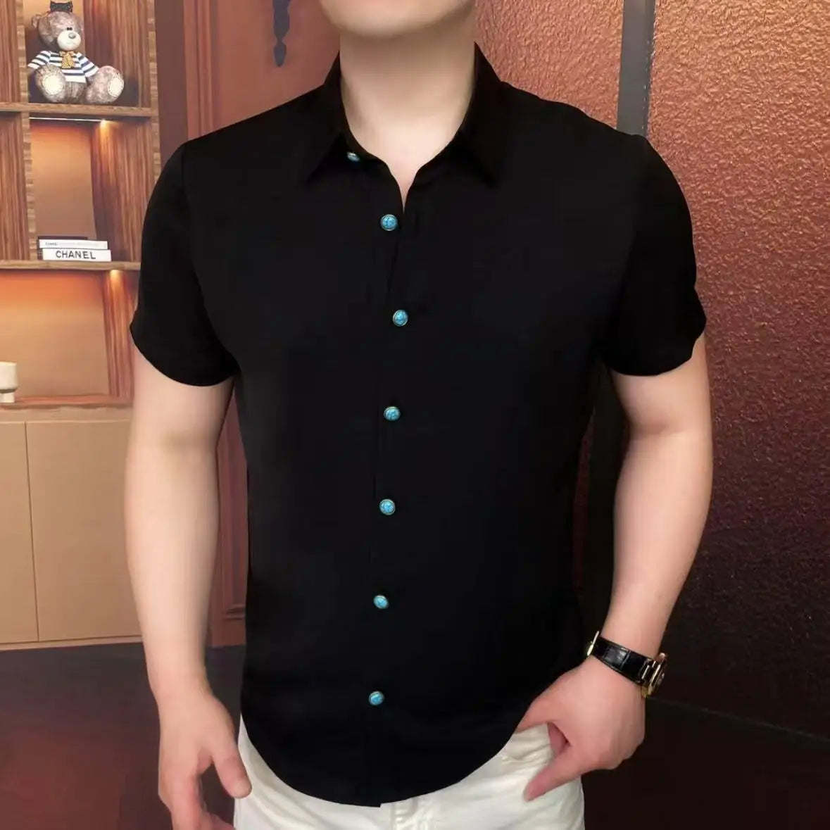 British Style Short Sleeved Shirt for Men Personalized Button Design Casual Business Shirt Slim Social Streetwear Men Clothing