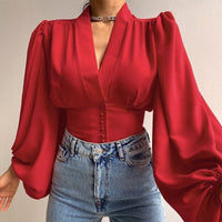 Celmia Vintage Blouses for Women 2023 Fashion Lantern Long Sleeve Buttons Front Crop Tops Sexy V-neck Shirts French Party Blusas