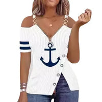 Blusas Para Mujer Print Zip Detail Split Hem Shoulder Top Women Short Sleeve Spring Summer T Shirt Tops Blouse Women Clothing