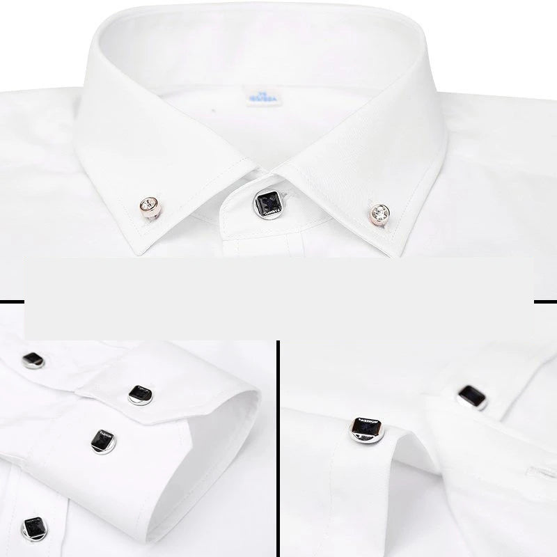 Men's Button-down Shirt Long Sleeve Casual Formal Business Dress Shirts Pocket-less Solid Color Blue White Tops Korean Slim Fit