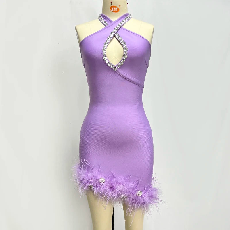 Factory Wholesale Women's Purple Halter Neck Rhinestones Feather Mini Sexy Boutique Celebrity Cocktail Party Bandage Dress