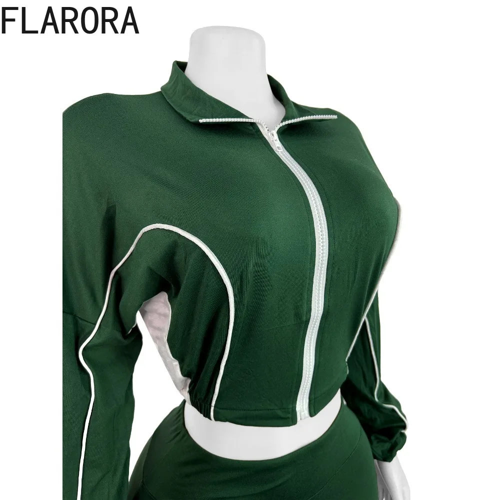 FLARORA Fashion Stripe Patchwork 2 Pcs Sets Woman Long Sleeve Zip Crop Jackets And Flare Pants Outfits Casual Street Tracksuits