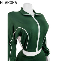 FLARORA Fashion Stripe Patchwork 2 Pcs Sets Woman Long Sleeve Zip Crop Jackets And Flare Pants Outfits Casual Street Tracksuits