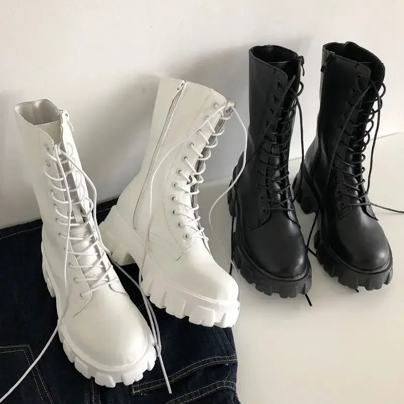 Boots Women New Mid Calf Autumn Winter Fashion Lace-up Ladies Chelsea Zipper Botas Mujer Boots Sports Platform Heel Ladies Shoes