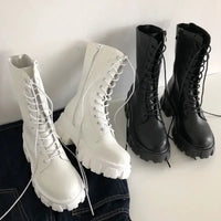 Boots Women New Mid Calf Autumn Winter Fashion Lace-up Ladies Chelsea Zipper Botas Mujer Boots Sports Platform Heel Ladies Shoes