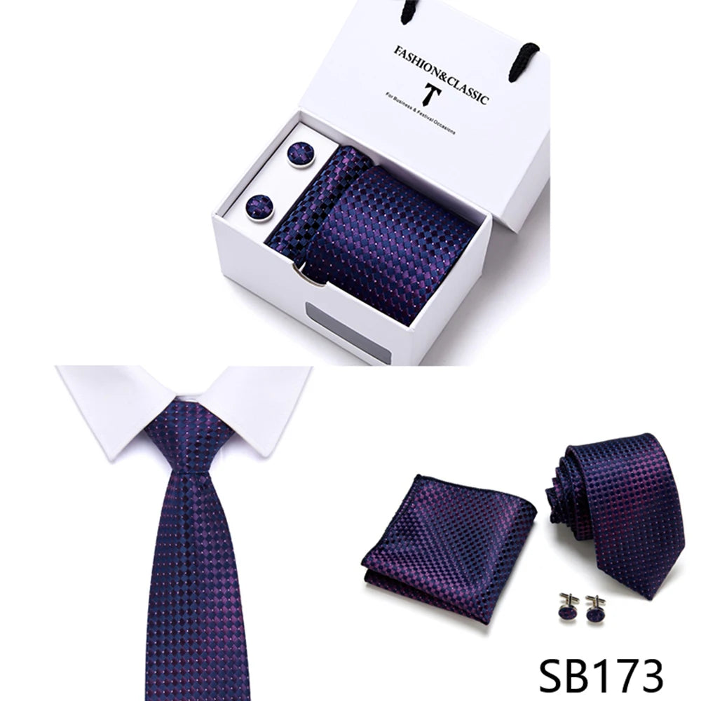 High Quality 7.5 cm Stripe Blue Tie Pocket Square Cufflinks Set For Men Gift Box Wedding Gravatas Fit Workplace