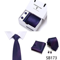 High Quality 7.5 cm Stripe Blue Tie Pocket Square Cufflinks Set For Men Gift Box Wedding Gravatas Fit Workplace