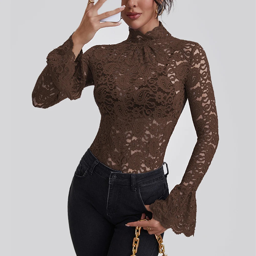 Anfilia Women Lace Shirts Turtle Neck Elegant Flare Long Sleeves Hollow Out Slim-fit Crochet Sexy Blouse