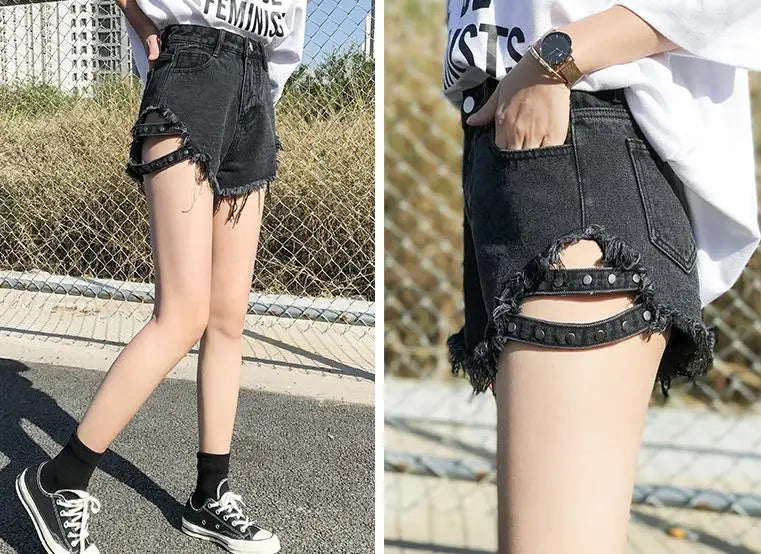 Rivet denim shorts summer spring women high waist loose tassel jeans shorts