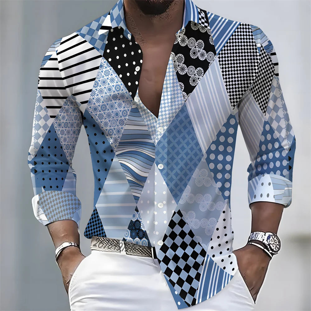 American retro patchwork print men's long-sleeved shirt, casual spring and autumn turn-down collar cardigan, plus size men's top