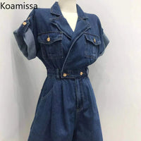 Koamissa Fashion New Women Denim Jumpsuits Ladies Short Sleeves Summer Jeans Rompers Waist Slim Causal Loose A Line Playsuits