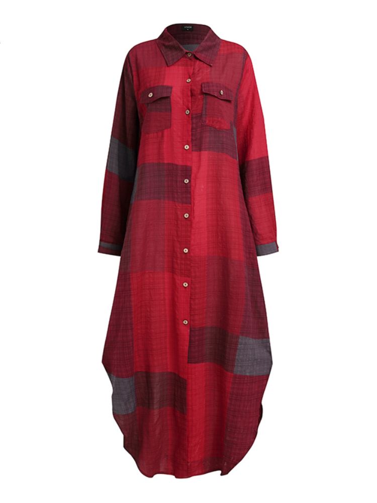 Long Sleeve Dress Checked Plaid Robe Maxi Beach Dress Summer Elegant Women Button Long Shirt Dress Split Print Lapel Party Robe