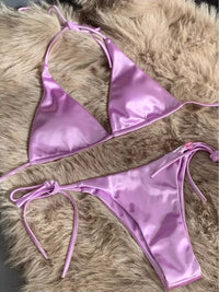 Halter Brazilian Metallic Satin Bikini Women Swimwear Female Swimsuit Two-pieces Bikini Set High Cut Bathing Suit Swim Beachwear