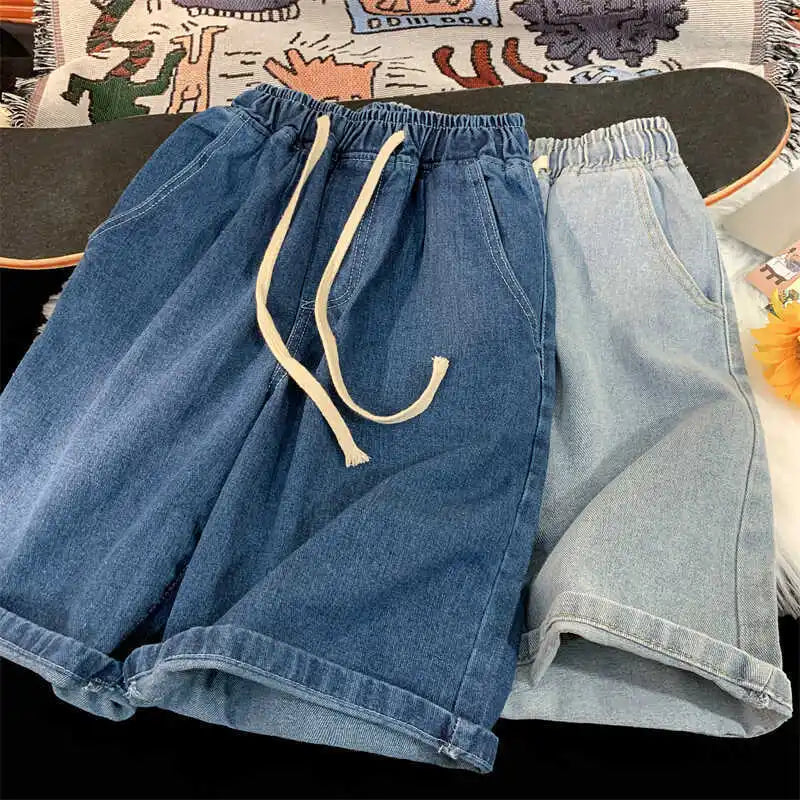 Mens Summer Denim Shorts Loose Fit American Style Casual Washed Elastic Waist Straight Leg Mid Length Shorts