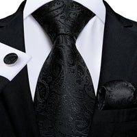 Barry.Wang Black White Gray Silver Men Tie Handkerchief Cufflinks Set Jacquard Necktie for Male Wedding Business Party Gift