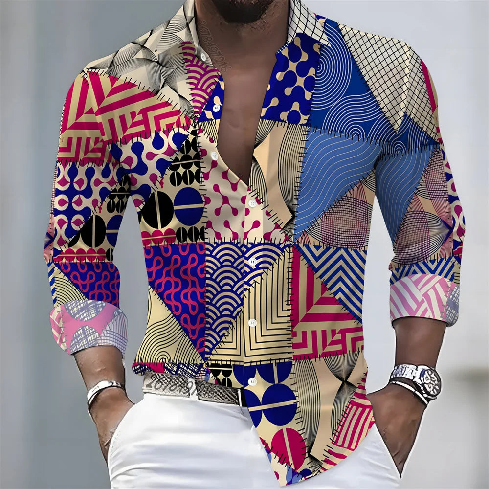 Summer lightweight men's printed long-sleeved shirt, retro floral plaid color-blocked casual shirt, Hawaiian vacation style top.