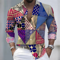 Summer lightweight men's printed long-sleeved shirt, retro floral plaid color-blocked casual shirt, Hawaiian vacation style top.