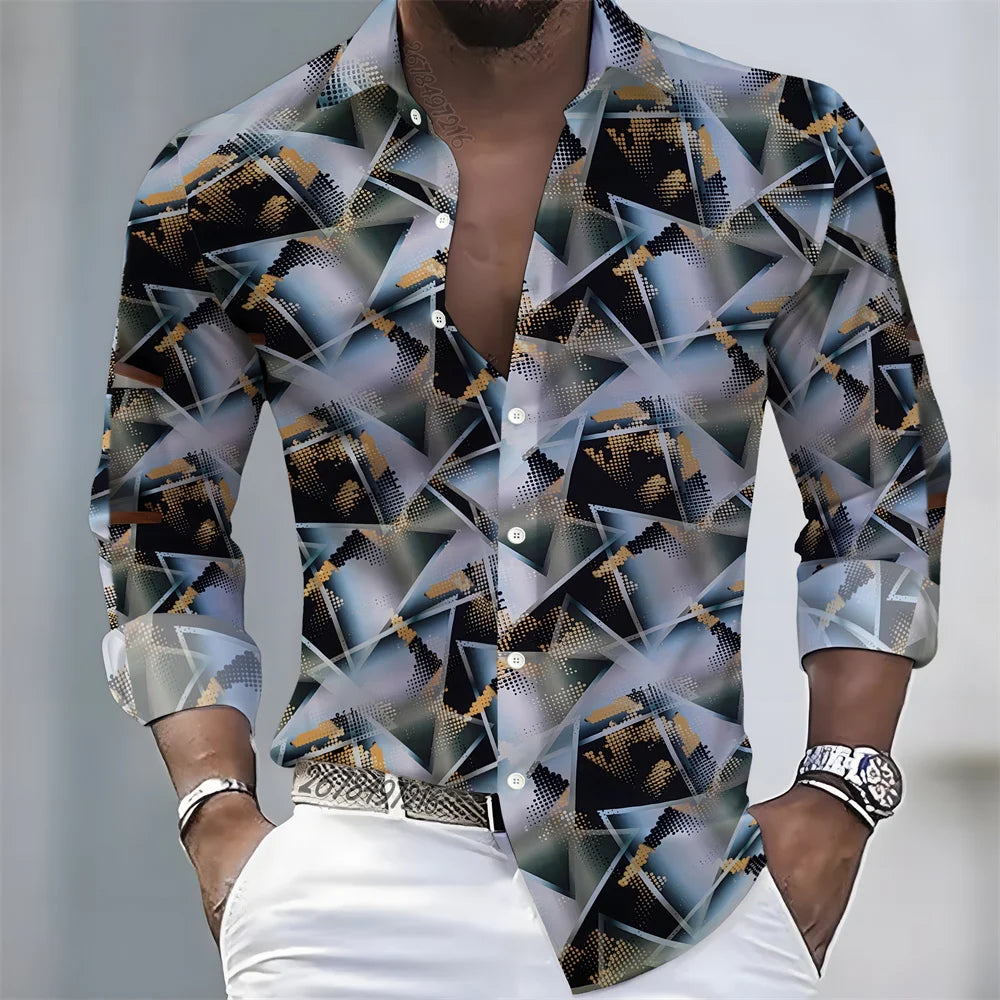 Summer lightweight men's printed long-sleeved shirt, retro floral plaid color-blocked casual shirt, Hawaiian vacation style top.