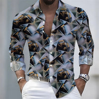 Summer lightweight men's printed long-sleeved shirt, retro floral plaid color-blocked casual shirt, Hawaiian vacation style top.