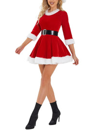 Christmas Dress for Women Santa Cosplay Costume Plush Trim Velvet Round Neck 3/4 Sleeve Belt Dress with Hat