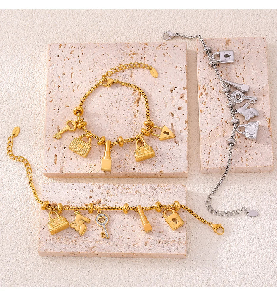 316L Stainless Steel Charm Bracelet For Women 18K Gold Plated Waterproof No Tarnish Women's Multiple Different Pendant Bracelets