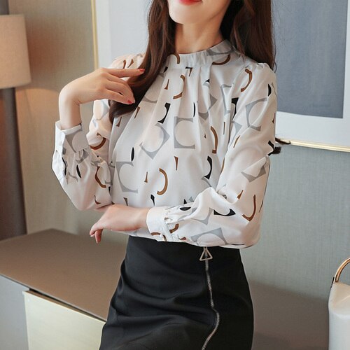 Korean Fashion Clothing Casual Long Sleeve Chiffon Blouse Women Print O-neck Blouse white black autumn tops 6053 50