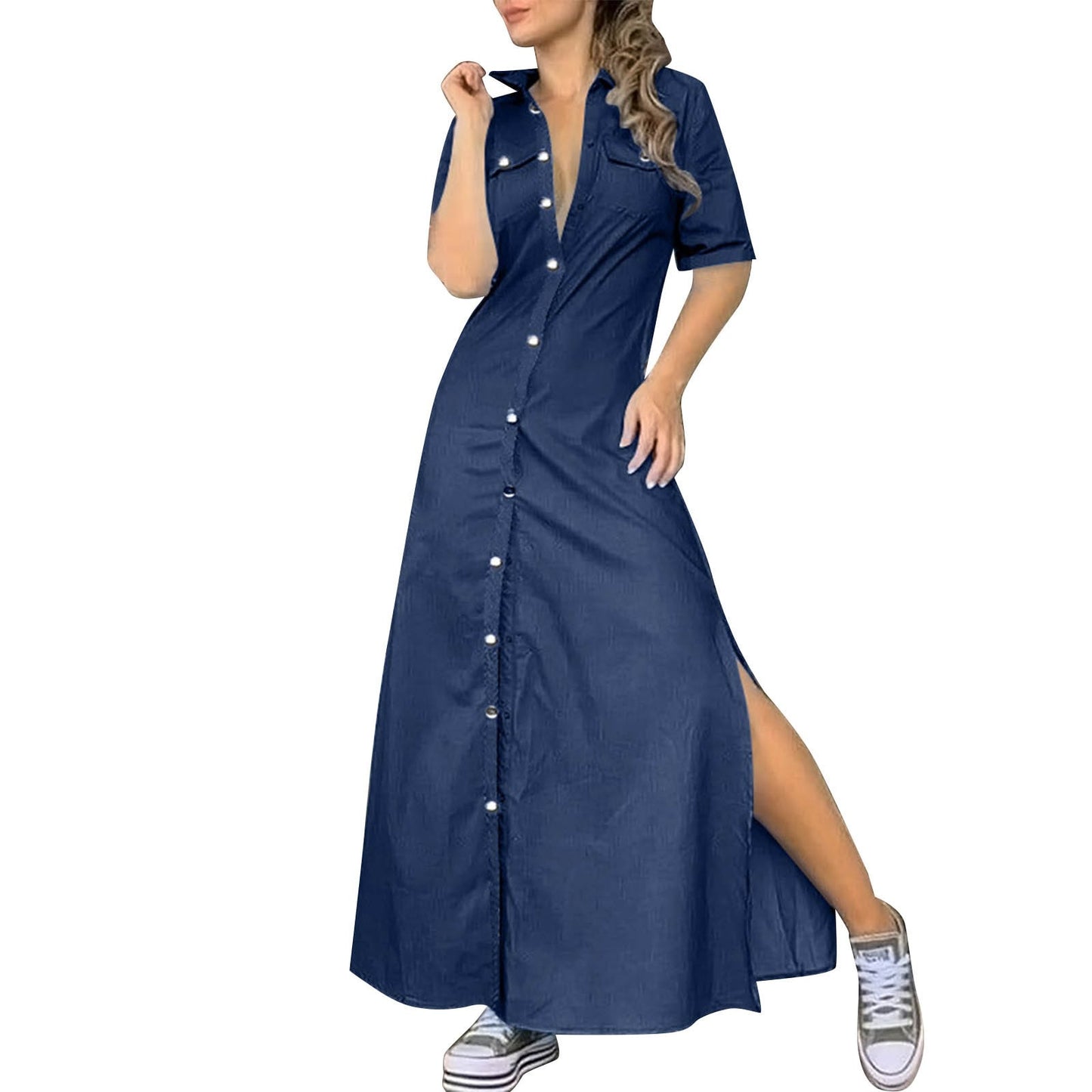 Sexy 2022 Fashion Pockets Denim Dress Women Turndown Collar Half Sleeve Single Breasted Slit Long Dress