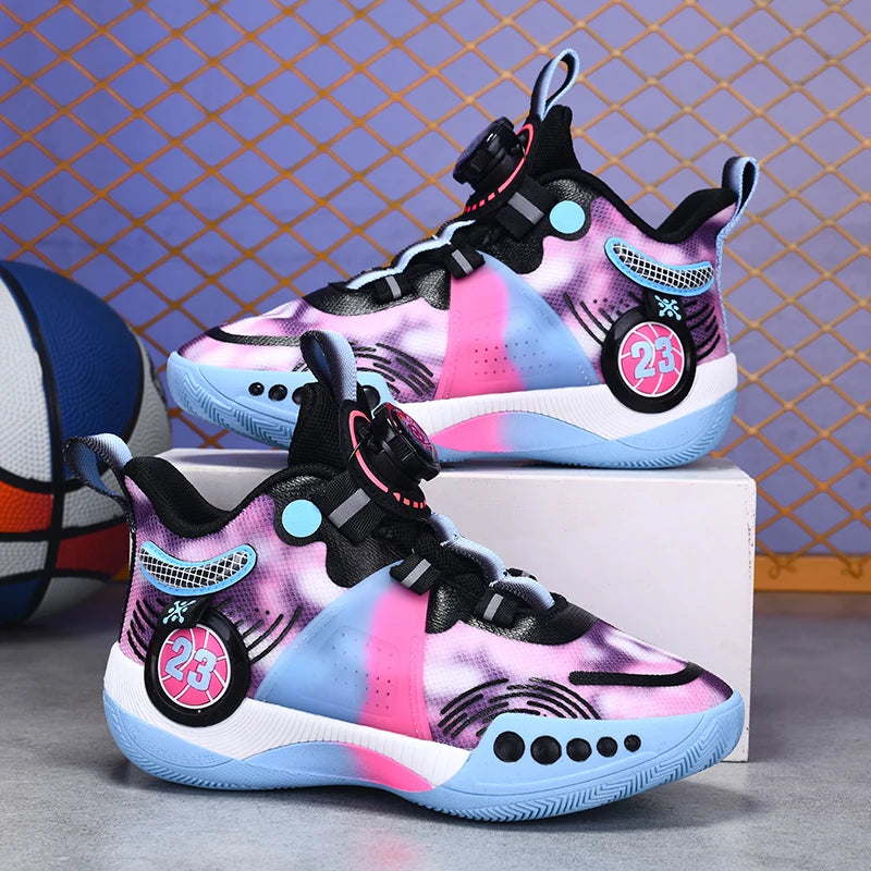 Children Sports Shoes Mesh Rotating Buckle Fashion Sports Shoes Breathable Anti Slip Wear-Resistant Basketball Boots for Kids