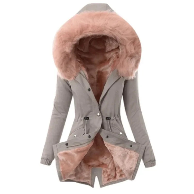 Fashion Women Winter Keep Warm Faux Fur Hooded Coat Casual Long Sleeve Winter Warm Thickening Fur Liner Jacket Outwear