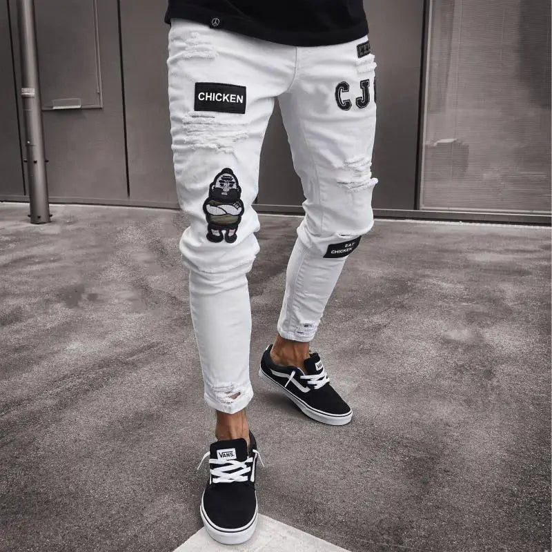 2023 Fashion Street Style Ripped Skinny Jeans Men Vintage wash Solid Denim Trouser Mens Casual Slim fit Black Blue denim Pants
