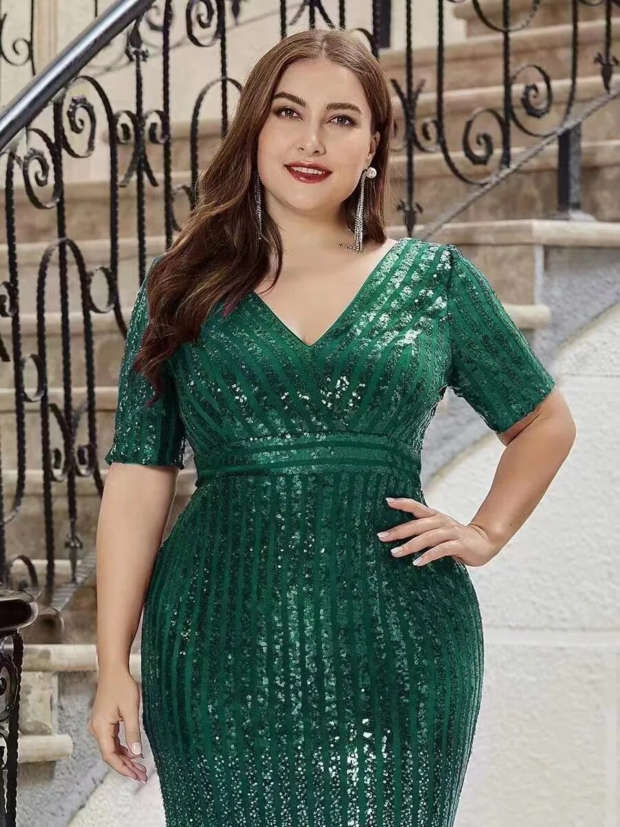 DEPDAR Plus Size Women Party Green Dresses Club Sequin V-neck Dress Female Fashion Elegant Bodycon Gowns 2023 Casual Outfit