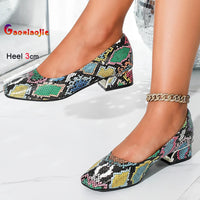 2025 New Comfortable Women's Coarse Heels Single Shoes Snake Patterned Leather Shallow Mouth Square Head Female Profession Pumps