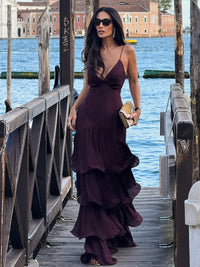 Elegant Solid Ruffled Sling Dress for Women Fashion Sleeveless Backless Party Maxi Dresses 2025 New Female Vacation Robes Street