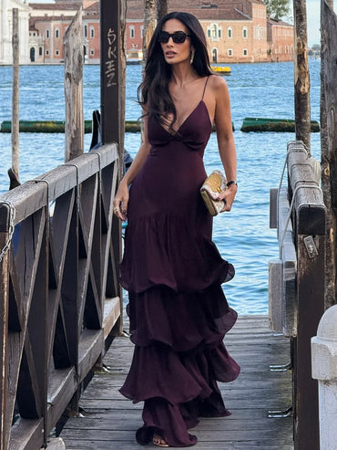 Elegant Solid Ruffled Sling Dress for Women Fashion Sleeveless Backless Party Maxi Dresses 2025 New Female Vacation Robes Street