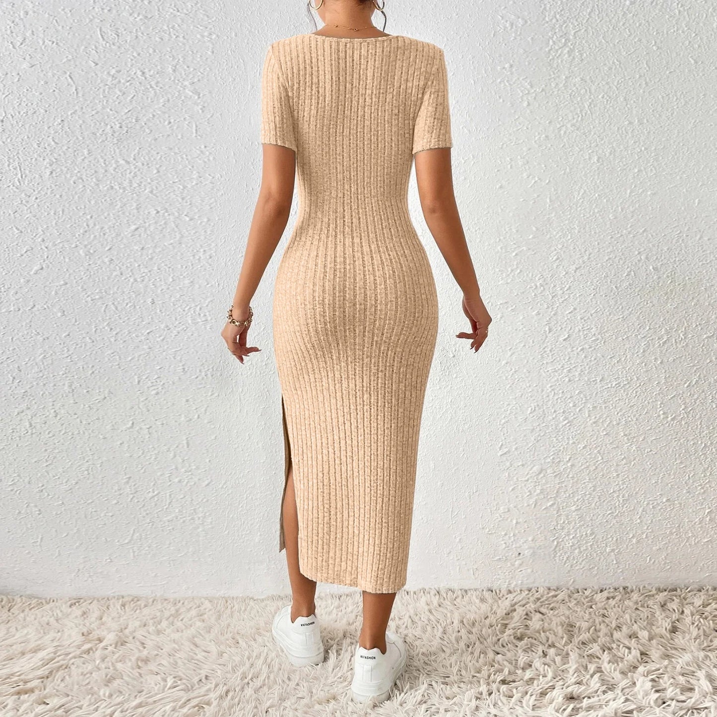 Women Short Sleeve Dress Soft Knitted Elegant Bodyon Dress Casual Skinny Slim Fit Pullover Commuting Midi Dress