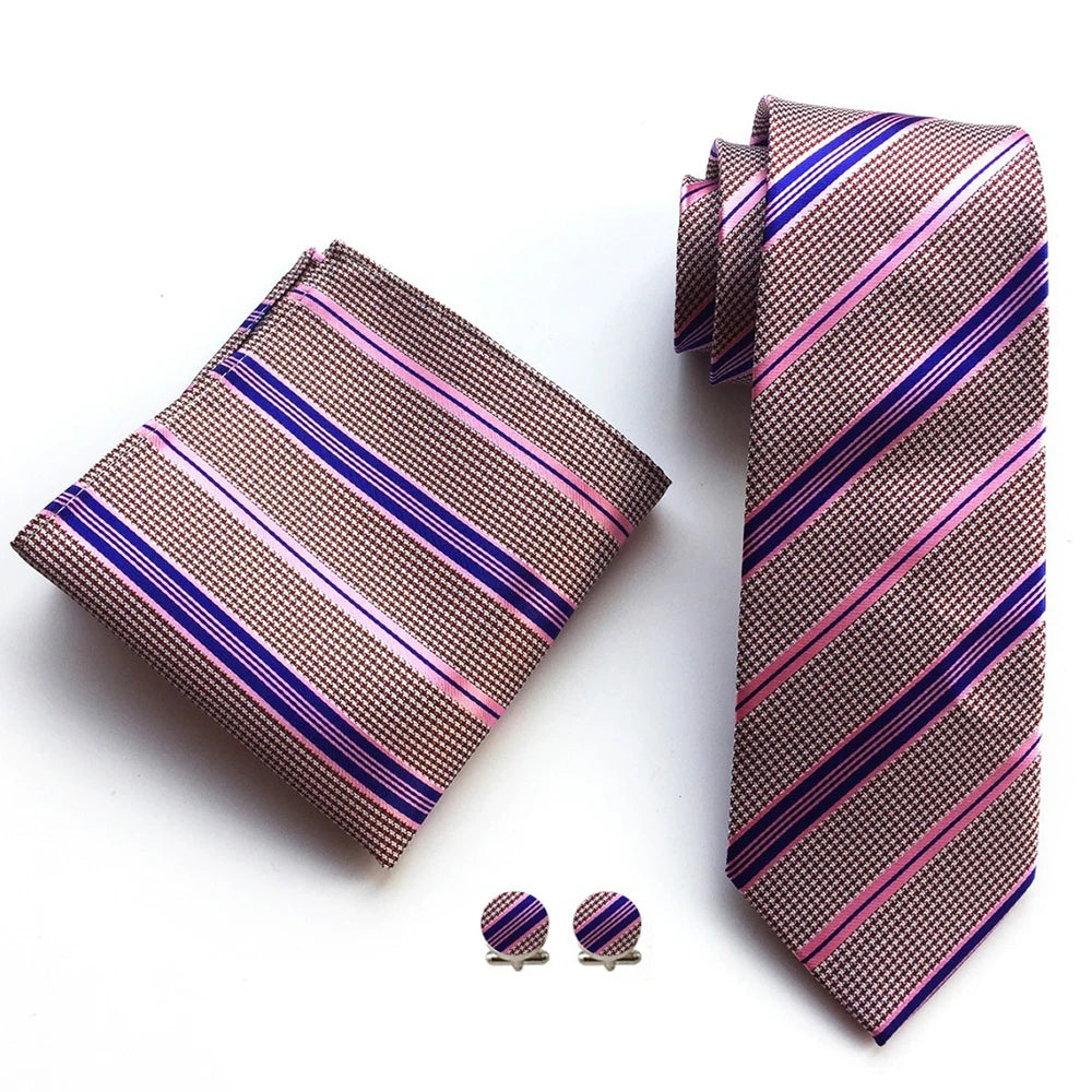 Business Mens Tie Luxury Striped 8cm NeckTie Pocket Square Cufflinks Set For Men Formal Fashion Wedding High Quality Gravata