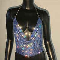 Sexy Style Backless Metal Chain Rhinestone Tank Top Spaghetti Strap Deep V Hollow Out Handmade Crystal Diamonds Vest Nightclub