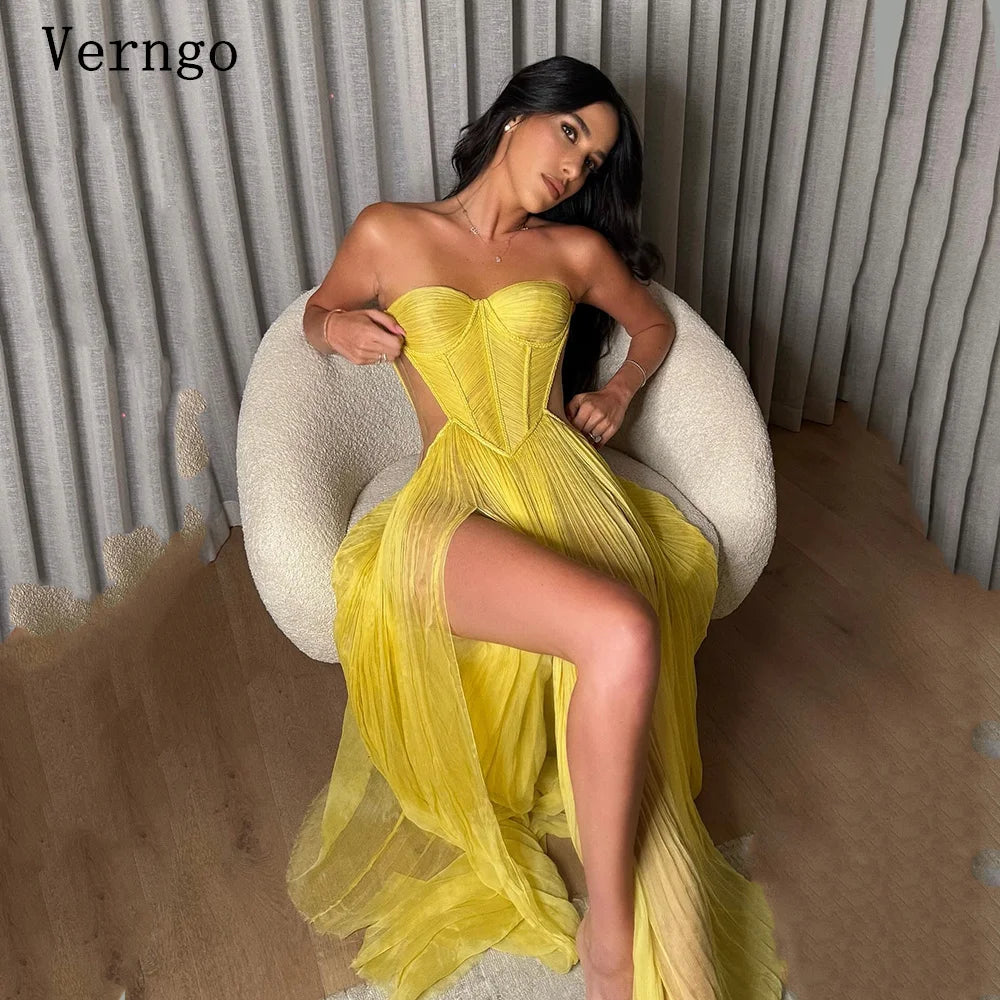 Verngo Yellow Chiffon Evening Dress Sweetheart A Line Sexy Prom Gowns Side Slit Prom Party Dresses vestido madrinhas Customized