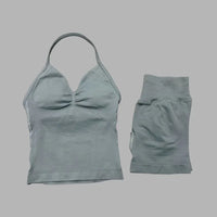 2 Pieces Sports Set Women Backless Halter Tops Fitness Tank Top High Waist Seamless High Stretch Shorts Gym Workout Sets
