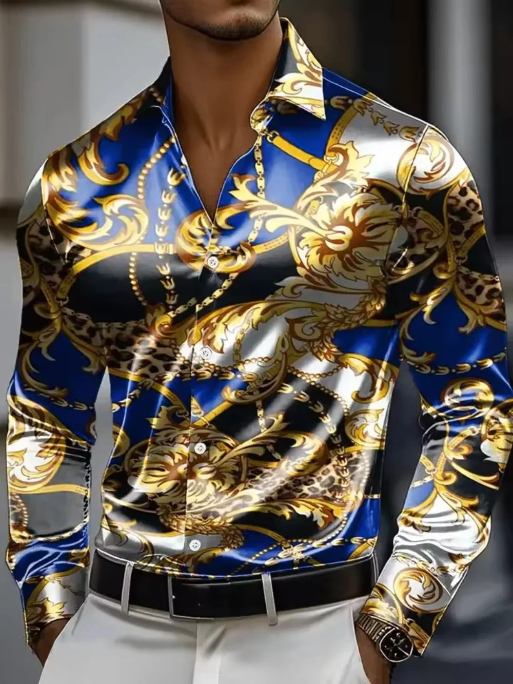 Men's long sleeved shirt, retro patterned 3D printed design, men's lapel button loose and comfortable casual vacation plus size