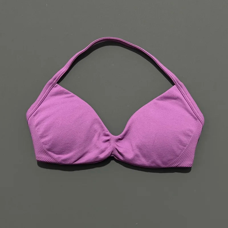 HISTELLO Strappy Bra Gym Top Women High Support Thin Strap Halter Sports Seamless Bras Scrunch Push-up Workout Yoga Tank Tops