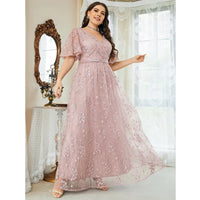 2023 Plus Size V Neck Embroidered Pink Loose Dress 5XL6XLMaxi Loose Elegant Party Party Chiffon Lace Dress